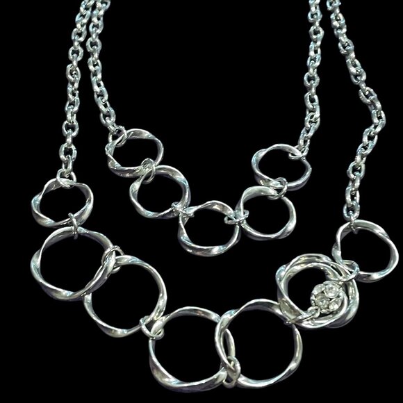 SILVER NECKLACE DOUBLE STRAND OF CIRCLES WITH A RHINESTONE ACCENT - Picture 1 of 2